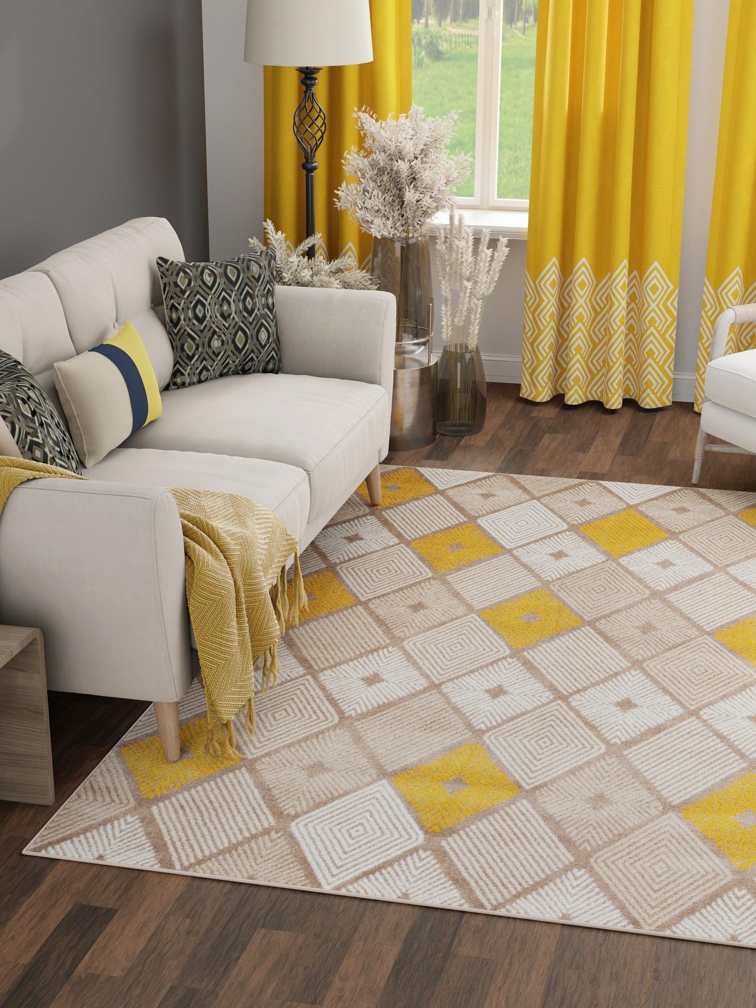 Ivory and Yellow 4' 1 x 6' 1 Laguna Rectangle Area Rug 100% Polypropylene Modern Contemporary Carpet for Bedrooms, Living Room, Dining, Office for Sale at Rug Engine