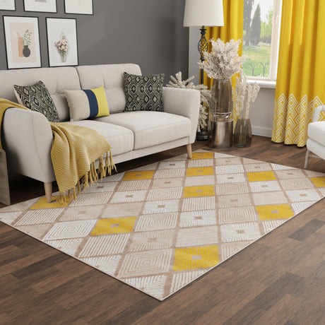 Ivory and Yellow 4' 1 x 6' 1 Laguna Rectangle Area Rug 100% Polypropylene Modern Contemporary Carpet for Bedrooms, Living Room, Dining, Office for Sale at Rug Engine