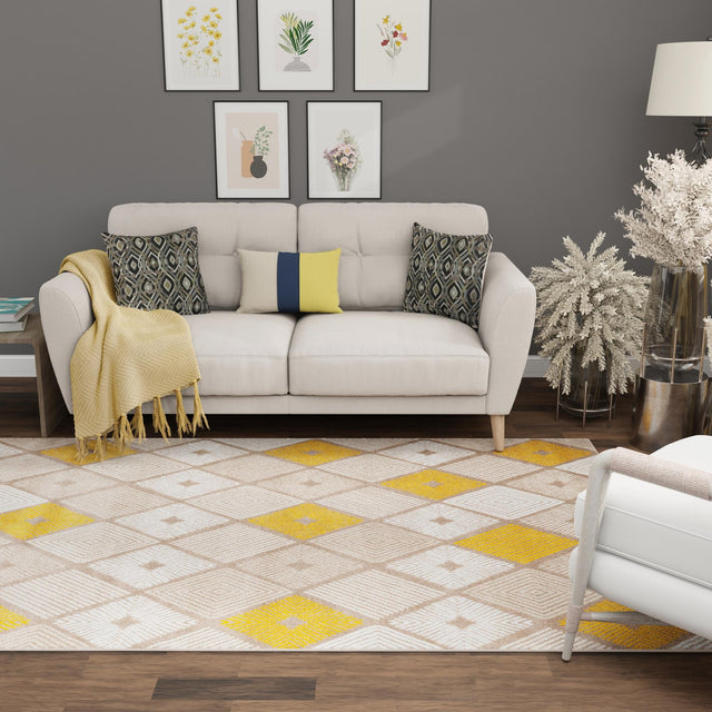 Ivory and Yellow 6' 1 x 9' Laguna Rectangle Area Rug 100% Polypropylene Modern Contemporary Carpet for Bedrooms, Living Room, Dining, Office for Sale at Rug Engine