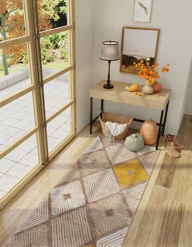 Ivory and Yellow 2' 7 x 10' Laguna Runner Area Rug 100% Polypropylene Modern Contemporary Carpet for Bedrooms, Living Room, Dining, Office for Sale at Rug Engine