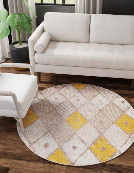 Ivory and Yellow 7' 10 x 7' 10 Laguna Round Area Rug 100% Polypropylene Modern Contemporary Carpet for Bedrooms, Living Room, Dining, Office for Sale at Rug Engine