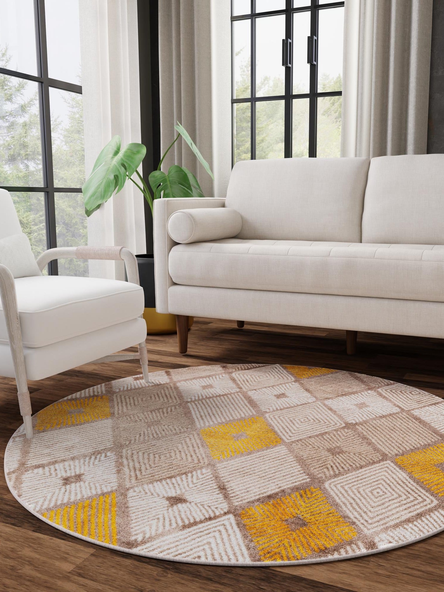Ivory and Yellow 5' 3 x 5' 3 Laguna Round Area Rug 100% Polypropylene Modern Contemporary Carpet for Bedrooms, Living Room, Dining, Office for Sale at Rug Engine