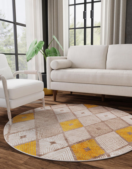 Ivory and Yellow 5' 3 x 5' 3 Laguna Round Area Rug 100% Polypropylene Modern Contemporary Carpet for Bedrooms, Living Room, Dining, Office for Sale at Rug Engine