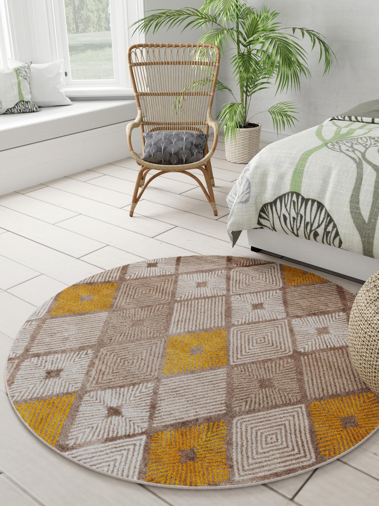 Ivory and Yellow 3' 1 x 3' 1 Laguna Round Area Rug 100% Polypropylene Modern Contemporary Carpet for Bedrooms, Living Room, Dining, Office for Sale at Rug Engine