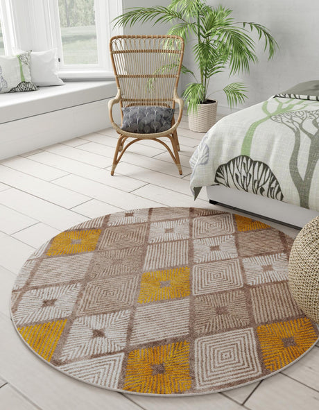 Ivory and Yellow 3' 1 x 3' 1 Laguna Round Area Rug 100% Polypropylene Modern Contemporary Carpet for Bedrooms, Living Room, Dining, Office for Sale at Rug Engine