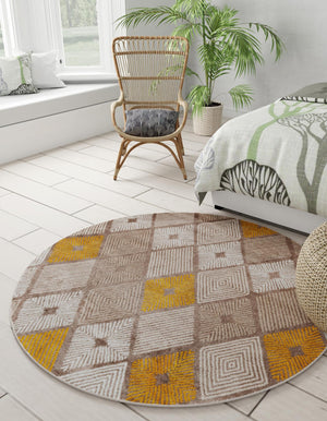 Ivory and Yellow 5' 3 x 5' 3 Laguna Round Area Rug 100% Polypropylene Modern Contemporary Carpet for Bedrooms, Living Room, Dining, Office for Sale at Rug Engine