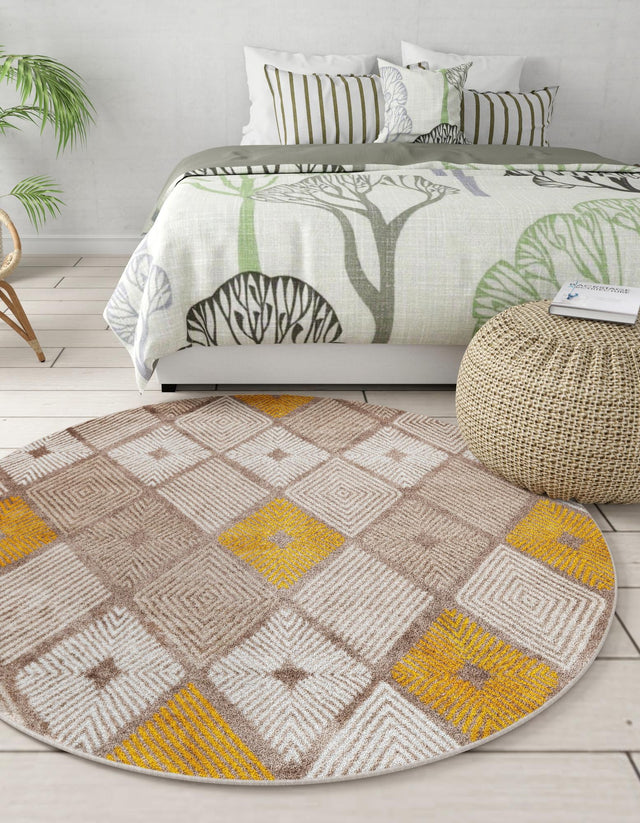 Ivory and Yellow 7' 10 x 7' 10 Laguna Round Area Rug 100% Polypropylene Modern Contemporary Carpet for Bedrooms, Living Room, Dining, Office for Sale at Rug Engine