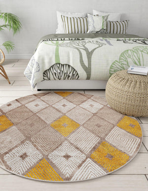 Ivory and Yellow 3' 1 x 3' 1 Laguna Round Area Rug 100% Polypropylene Modern Contemporary Carpet for Bedrooms, Living Room, Dining, Office for Sale at Rug Engine