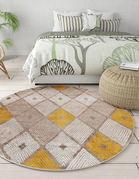 Ivory and Yellow 5' 3 x 5' 3 Laguna Round Area Rug 100% Polypropylene Modern Contemporary Carpet for Bedrooms, Living Room, Dining, Office for Sale at Rug Engine