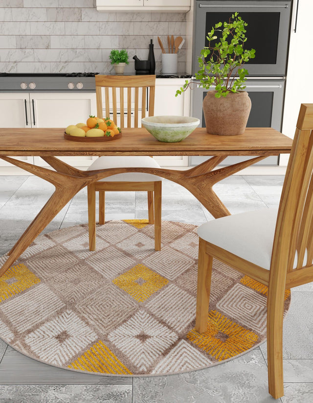 Ivory and Yellow 5' 3 x 5' 3 Laguna Round Area Rug 100% Polypropylene Modern Contemporary Carpet for Bedrooms, Living Room, Dining, Office for Sale at Rug Engine