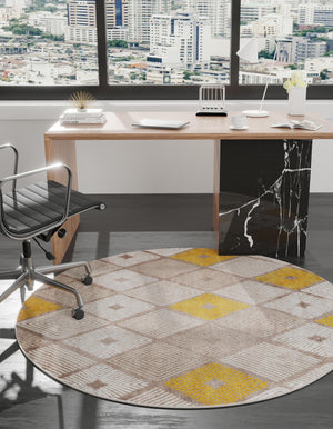 Ivory and Yellow 7' 10 x 7' 10 Laguna Round Area Rug 100% Polypropylene Modern Contemporary Carpet for Bedrooms, Living Room, Dining, Office for Sale at Rug Engine
