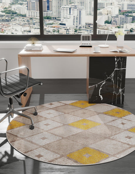 Ivory and Yellow 7' 10 x 7' 10 Laguna Round Area Rug 100% Polypropylene Modern Contemporary Carpet for Bedrooms, Living Room, Dining, Office for Sale at Rug Engine
