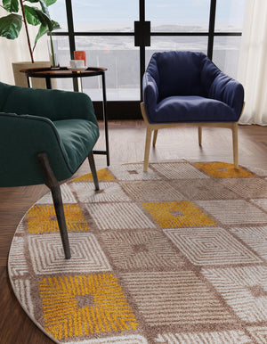 Ivory and Yellow 7' 10 x 7' 10 Laguna Round Area Rug 100% Polypropylene Modern Contemporary Carpet for Bedrooms, Living Room, Dining, Office for Sale at Rug Engine