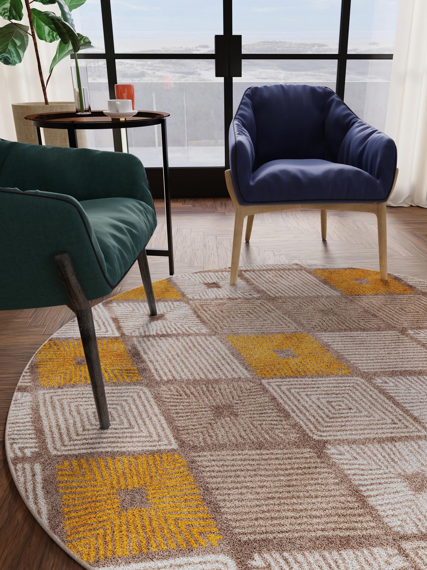 Ivory and Yellow 3' 1 x 3' 1 Laguna Round Area Rug 100% Polypropylene Modern Contemporary Carpet for Bedrooms, Living Room, Dining, Office for Sale at Rug Engine