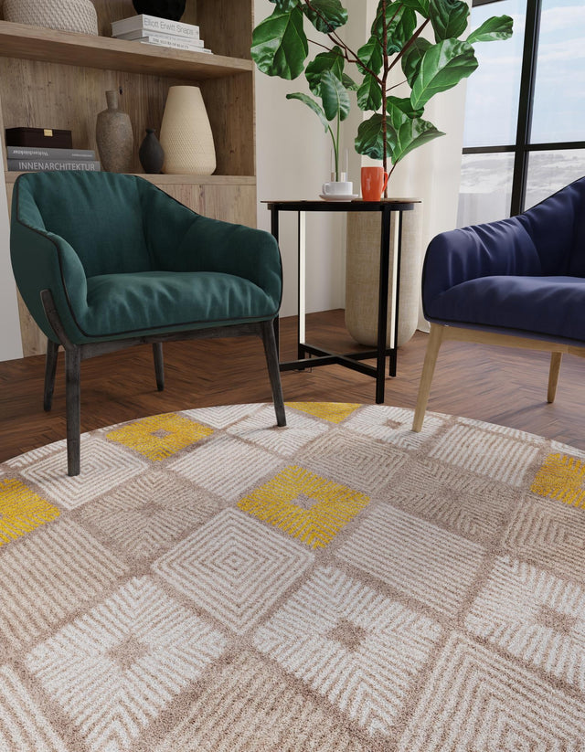 Ivory and Yellow 7' 10 x 7' 10 Laguna Round Area Rug 100% Polypropylene Modern Contemporary Carpet for Bedrooms, Living Room, Dining, Office for Sale at Rug Engine