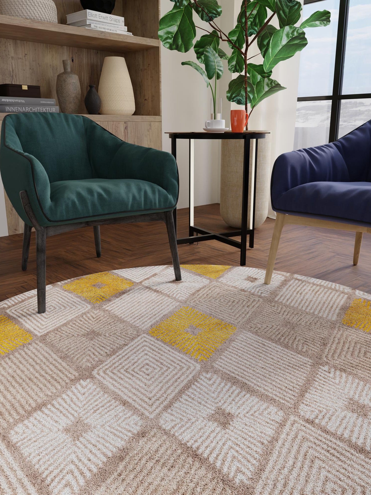 Ivory and Yellow 3' 1 x 3' 1 Laguna Round Area Rug 100% Polypropylene Modern Contemporary Carpet for Bedrooms, Living Room, Dining, Office for Sale at Rug Engine