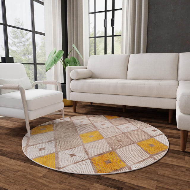 Ivory and Yellow 7' 10 x 7' 10 Laguna Round Area Rug 100% Polypropylene Modern Contemporary Carpet for Bedrooms, Living Room, Dining, Office for Sale at Rug Engine