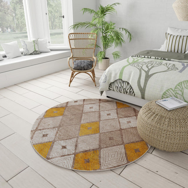 Ivory and Yellow 7' 10 x 7' 10 Laguna Round Area Rug 100% Polypropylene Modern Contemporary Carpet for Bedrooms, Living Room, Dining, Office for Sale at Rug Engine