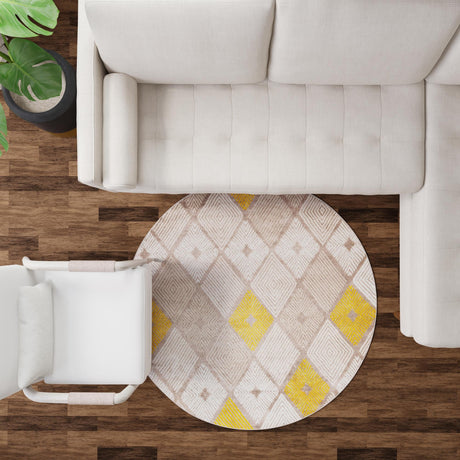 Ivory and Yellow 7' 10 x 7' 10 Laguna Round Area Rug 100% Polypropylene Modern Contemporary Carpet for Bedrooms, Living Room, Dining, Office for Sale at Rug Engine