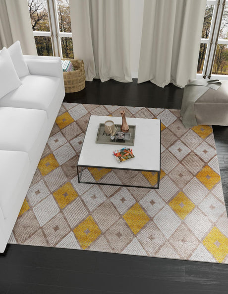 Ivory and Yellow 7' 10 x 7' 10 Laguna Square Area Rug 100% Polypropylene Modern Contemporary Carpet for Bedrooms, Living Room, Dining, Office for Sale at Rug Engine