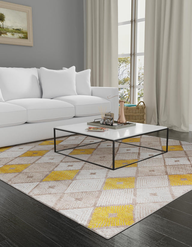 Ivory and Yellow 7' 10 x 7' 10 Laguna Square Area Rug 100% Polypropylene Modern Contemporary Carpet for Bedrooms, Living Room, Dining, Office for Sale at Rug Engine