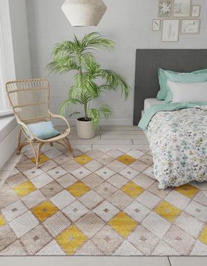 Ivory and Yellow 7' 10 x 7' 10 Laguna Square Area Rug 100% Polypropylene Modern Contemporary Carpet for Bedrooms, Living Room, Dining, Office for Sale at Rug Engine