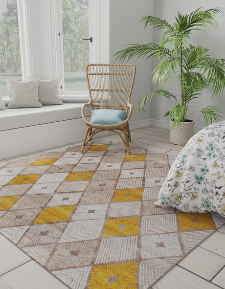 Ivory and Yellow 7' 10 x 7' 10 Laguna Square Area Rug 100% Polypropylene Modern Contemporary Carpet for Bedrooms, Living Room, Dining, Office for Sale at Rug Engine