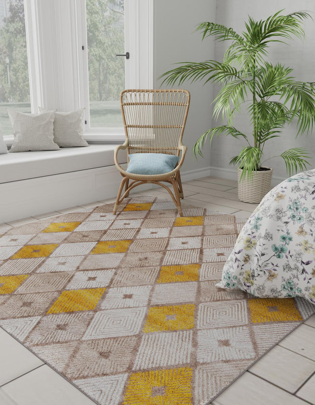 Ivory and Yellow 7' 10 x 7' 10 Laguna Square Area Rug 100% Polypropylene Modern Contemporary Carpet for Bedrooms, Living Room, Dining, Office for Sale at Rug Engine