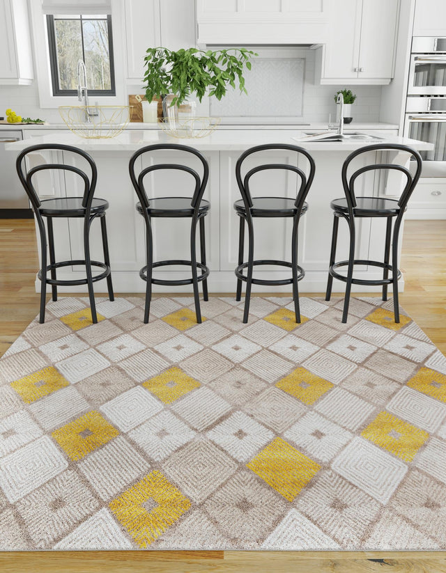 Ivory and Yellow 7' 10 x 7' 10 Laguna Square Area Rug 100% Polypropylene Modern Contemporary Carpet for Bedrooms, Living Room, Dining, Office for Sale at Rug Engine