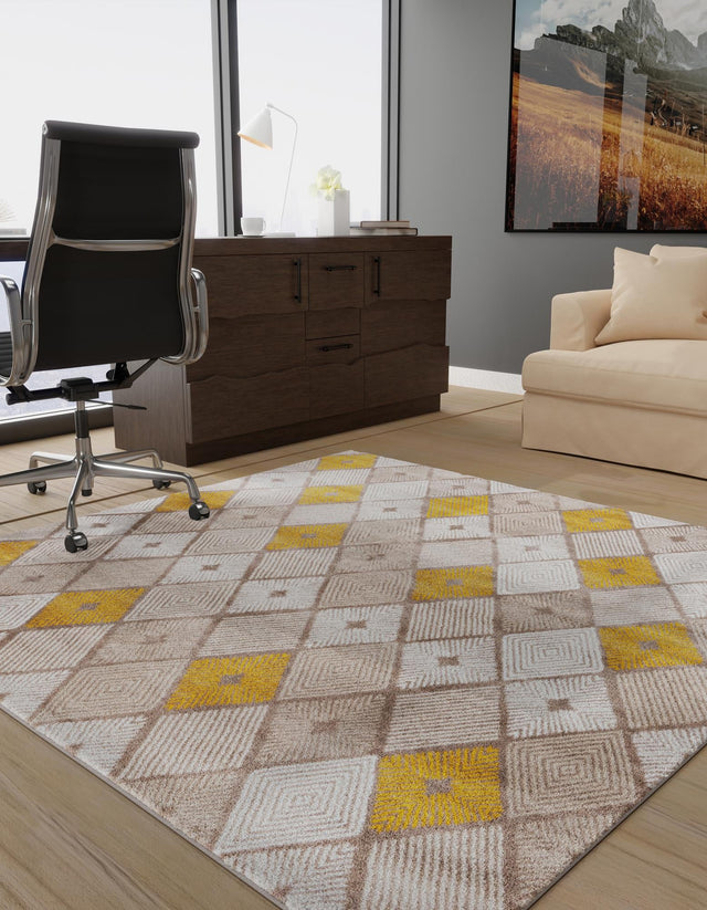 Ivory and Yellow 7' 10 x 7' 10 Laguna Square Area Rug 100% Polypropylene Modern Contemporary Carpet for Bedrooms, Living Room, Dining, Office for Sale at Rug Engine