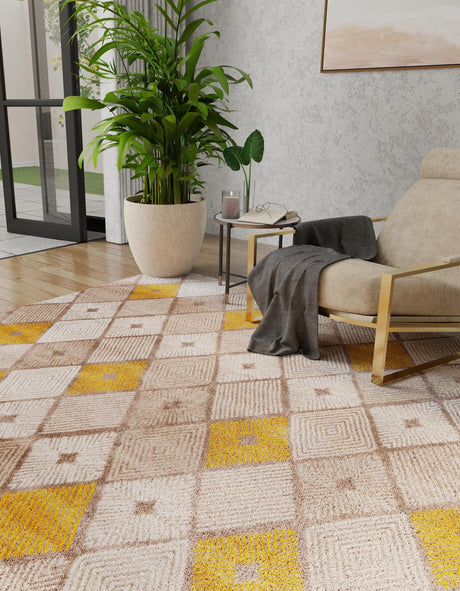 Ivory and Yellow 7' 10 x 7' 10 Laguna Square Area Rug 100% Polypropylene Modern Contemporary Carpet for Bedrooms, Living Room, Dining, Office for Sale at Rug Engine
