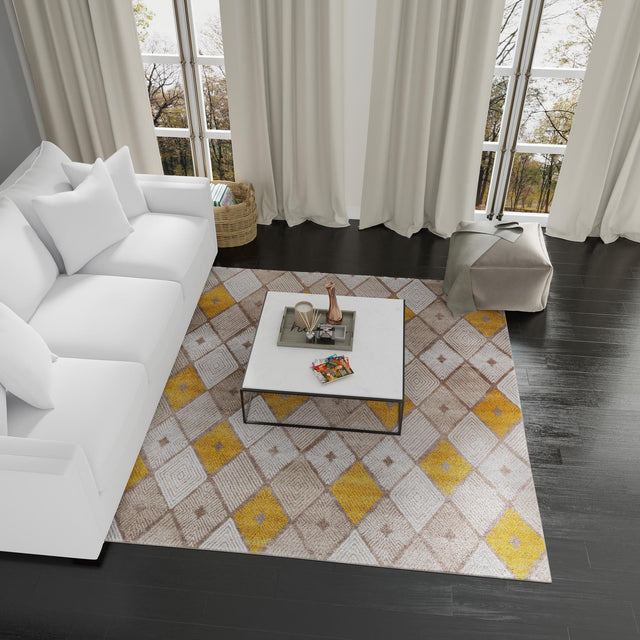 Ivory and Yellow 7' 10 x 7' 10 Laguna Square Area Rug 100% Polypropylene Modern Contemporary Carpet for Bedrooms, Living Room, Dining, Office for Sale at Rug Engine