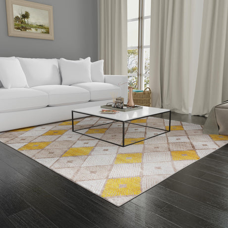 Ivory and Yellow 7' 10 x 7' 10 Laguna Square Area Rug 100% Polypropylene Modern Contemporary Carpet for Bedrooms, Living Room, Dining, Office for Sale at Rug Engine