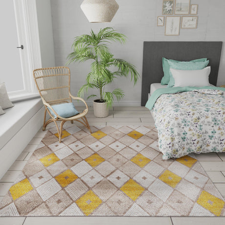 Ivory and Yellow 7' 10 x 7' 10 Laguna Square Area Rug 100% Polypropylene Modern Contemporary Carpet for Bedrooms, Living Room, Dining, Office for Sale at Rug Engine