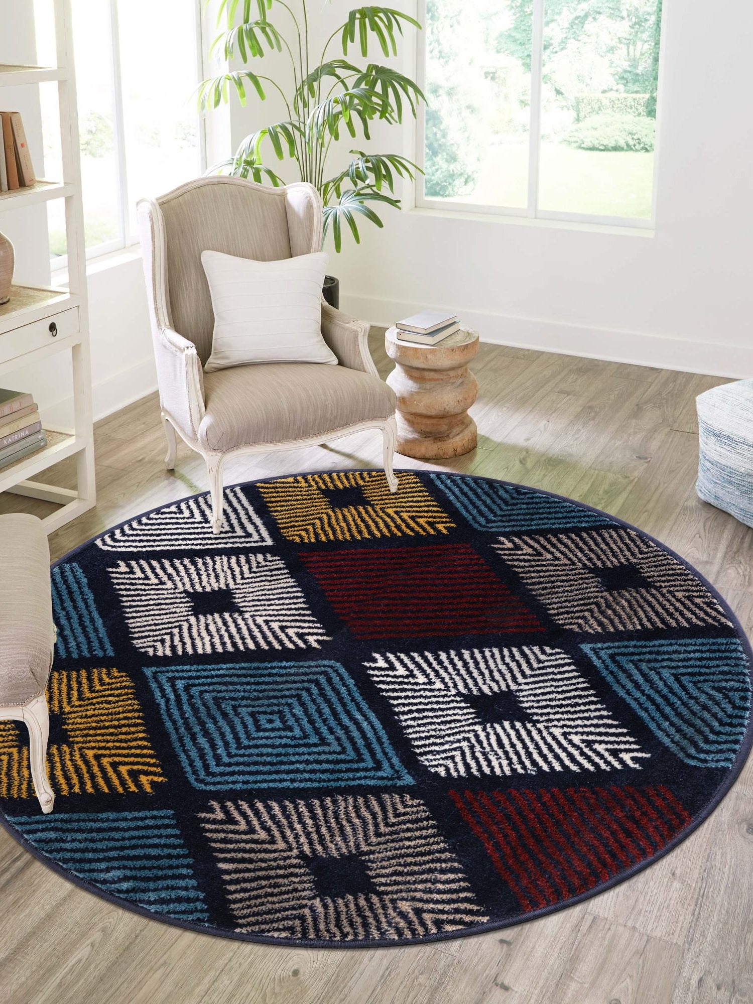 Multicolor 7' 10 x 7' 10 Laguna Round Area Rug 100% Polypropylene Modern Contemporary Carpet for Bedrooms, Living Room, Dining, Office for Sale at Rug Engine