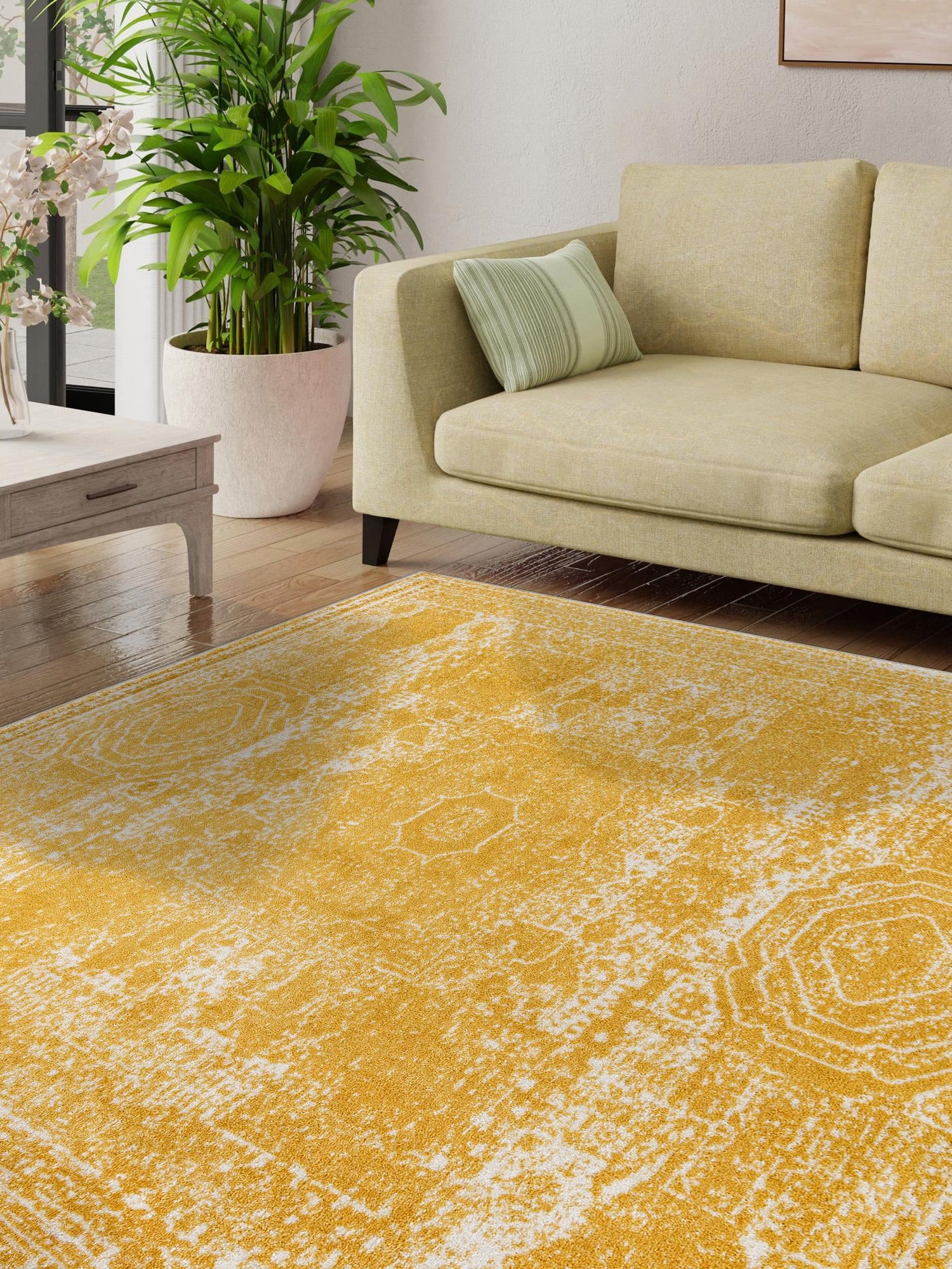 Yellow 10' x 10' Bromley Square Area Rug 100% Polypropylene With Cotton Backing Vintage Distressed Colorful Traditional Carpet for Living Dining Rooms Offices for Sale at Rug Engine