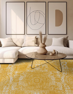 Yellow 12' x 12' Bromley Square Area Rug 100% Polypropylene With Cotton Backing Vintage Distressed Colorful Traditional Carpet for Living Dining Rooms Offices for Sale at Rug Engine