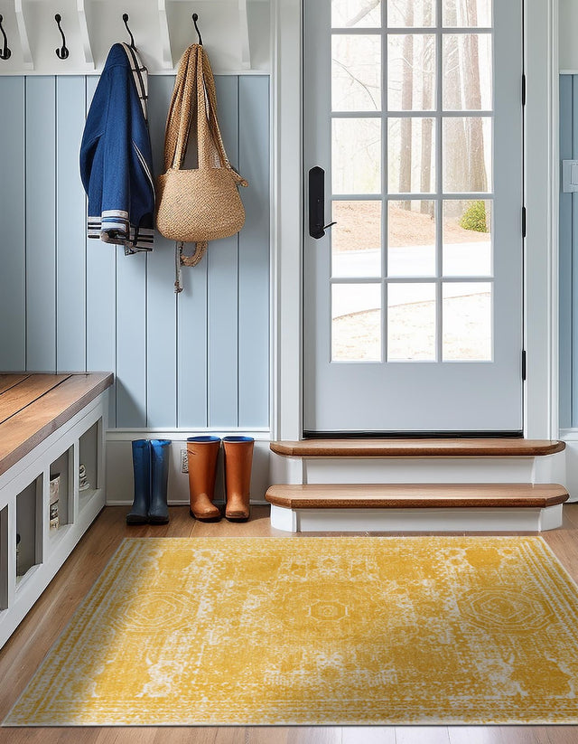 Yellow 12' x 12' Bromley Square Area Rug 100% Polypropylene With Cotton Backing Vintage Distressed Colorful Traditional Carpet for Living Dining Rooms Offices for Sale at Rug Engine