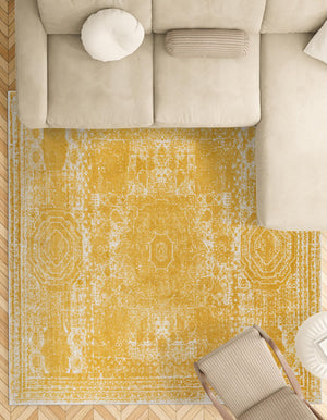 Yellow 12' x 12' Bromley Square Area Rug 100% Polypropylene With Cotton Backing Vintage Distressed Colorful Traditional Carpet for Living Dining Rooms Offices for Sale at Rug Engine