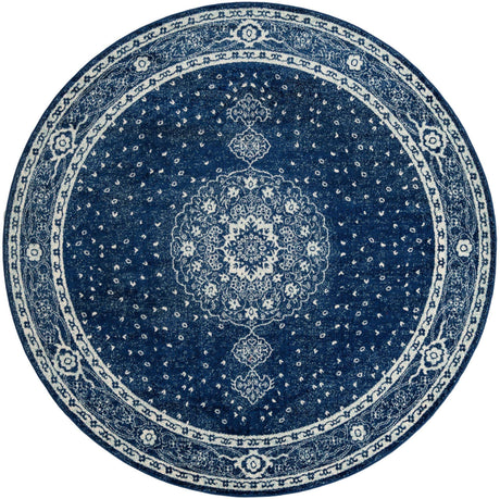 Navy Blue 10' x 10' Bromley Round Area Rug 100% Polypropylene With Cotton Backing Vintage Distressed Colorful Traditional Carpet for Living Dining Rooms Offices for Sale at Rug Engine