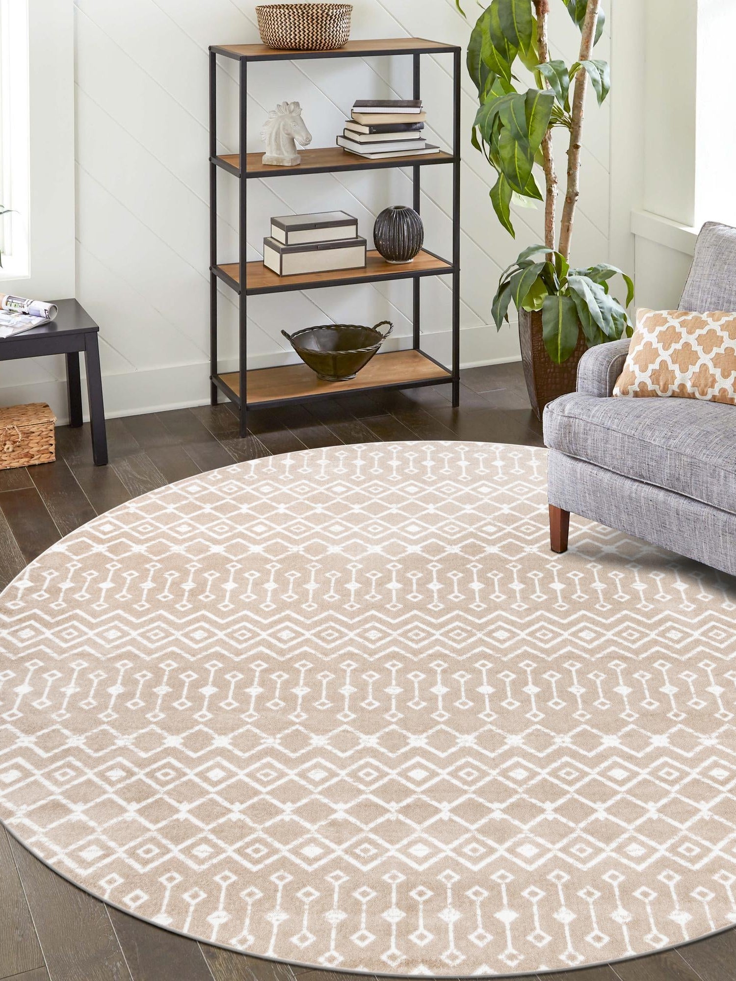 Beige 10' x 10' Moroccan Trellis Round Area Rug 100% Polypropylene Easy Clean Geometric Traditional Carpet for Interior Design Home Decor for Sale at Rug Engine