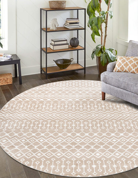 Beige 10' x 10' Moroccan Trellis Round Area Rug 100% Polypropylene Easy Clean Geometric Traditional Carpet for Interior Design Home Decor for Sale at Rug Engine