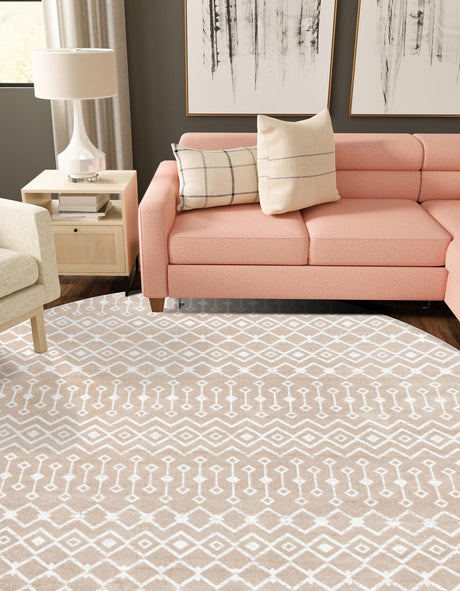 Beige 12' x 12' Moroccan Trellis Round Area Rug 100% Polypropylene Easy Clean Geometric Traditional Carpet for Interior Design Home Decor for Sale at Rug Engine