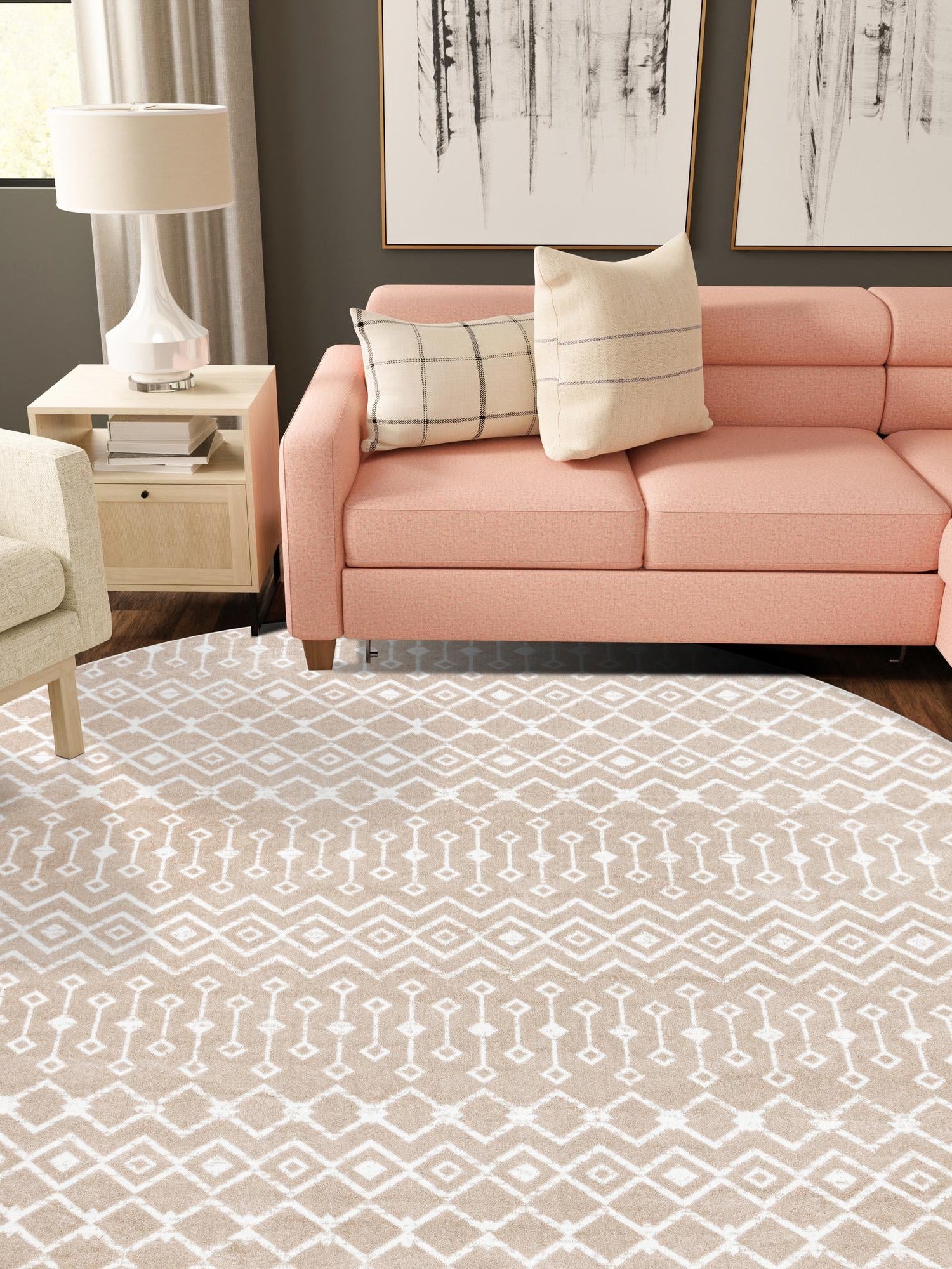 Beige 10' x 10' Moroccan Trellis Round Area Rug 100% Polypropylene Easy Clean Geometric Traditional Carpet for Interior Design Home Decor for Sale at Rug Engine