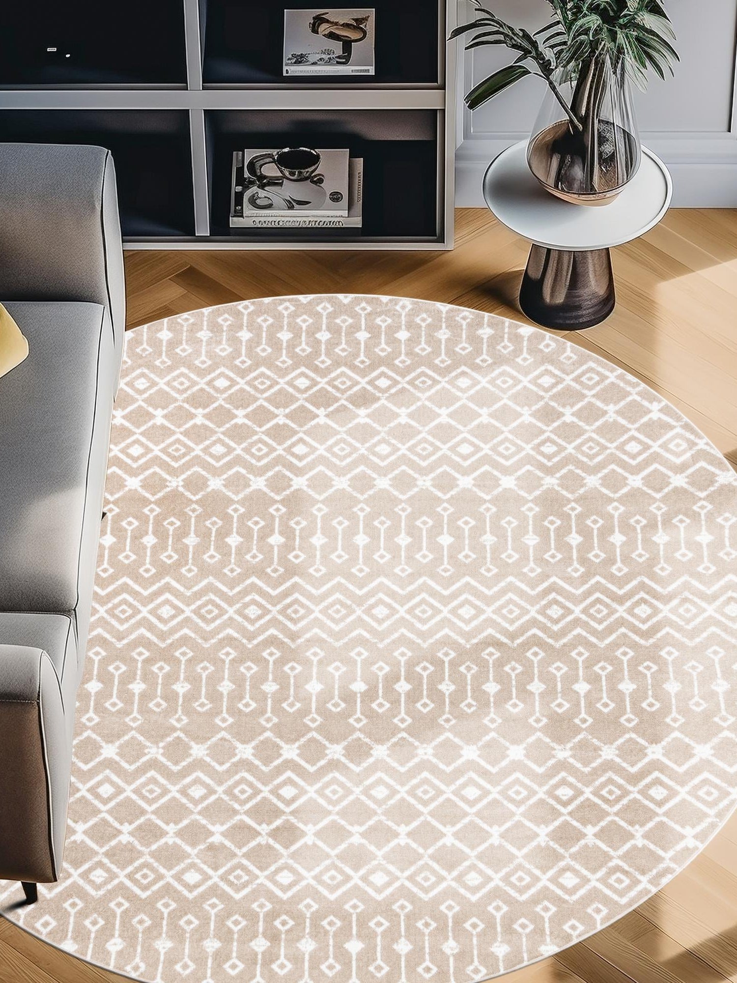 Beige 10' x 10' Moroccan Trellis Round Area Rug 100% Polypropylene Easy Clean Geometric Traditional Carpet for Interior Design Home Decor for Sale at Rug Engine