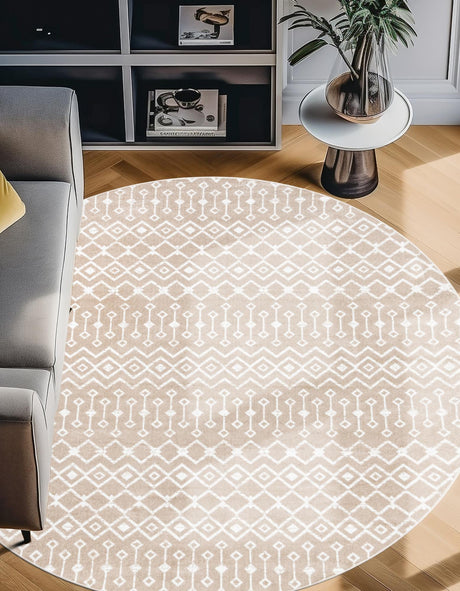 Beige 10' x 10' Moroccan Trellis Round Area Rug 100% Polypropylene Easy Clean Geometric Traditional Carpet for Interior Design Home Decor for Sale at Rug Engine
