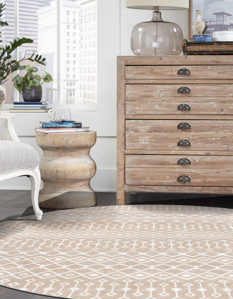 Beige 10' x 10' Moroccan Trellis Round Area Rug 100% Polypropylene Easy Clean Geometric Traditional Carpet for Interior Design Home Decor for Sale at Rug Engine