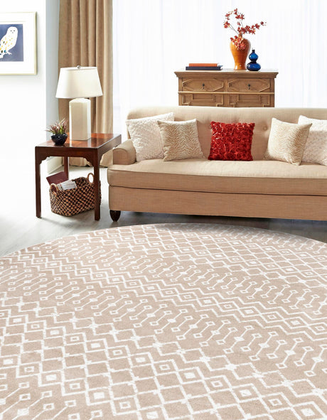 Beige 12' x 12' Moroccan Trellis Round Area Rug 100% Polypropylene Easy Clean Geometric Traditional Carpet for Interior Design Home Decor for Sale at Rug Engine