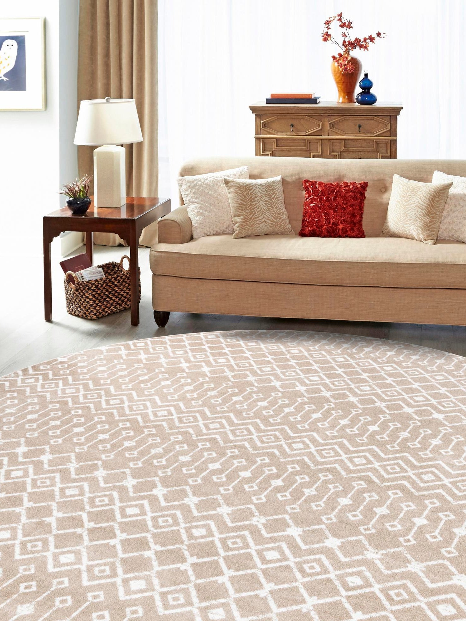 Beige 10' x 10' Moroccan Trellis Round Area Rug 100% Polypropylene Easy Clean Geometric Traditional Carpet for Interior Design Home Decor for Sale at Rug Engine