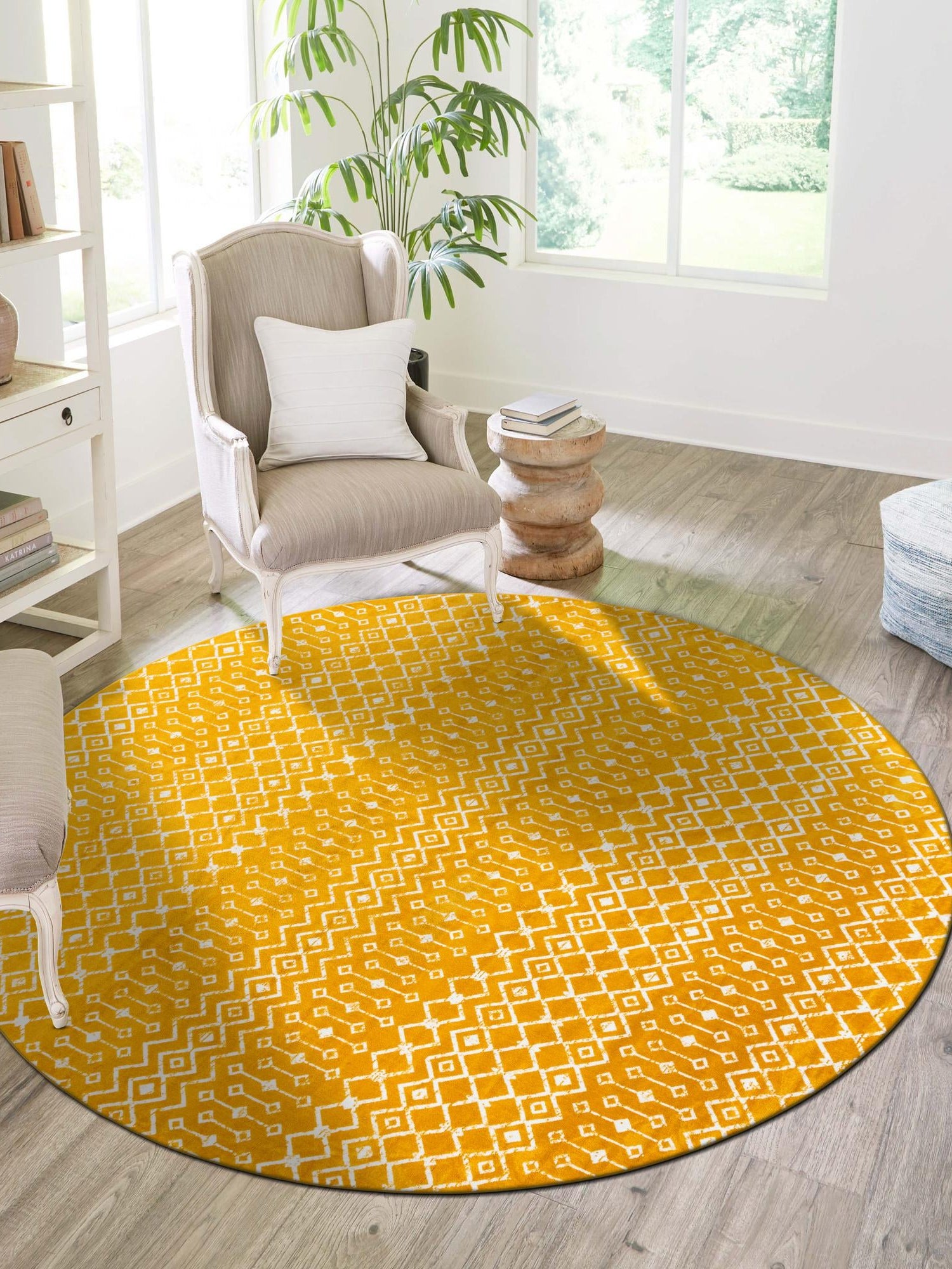 Yellow 12' x 12' Moroccan Trellis Round Area Rug 100% Polypropylene Easy Clean Geometric Traditional Carpet for Interior Design Home Decor for Sale at Rug Engine
